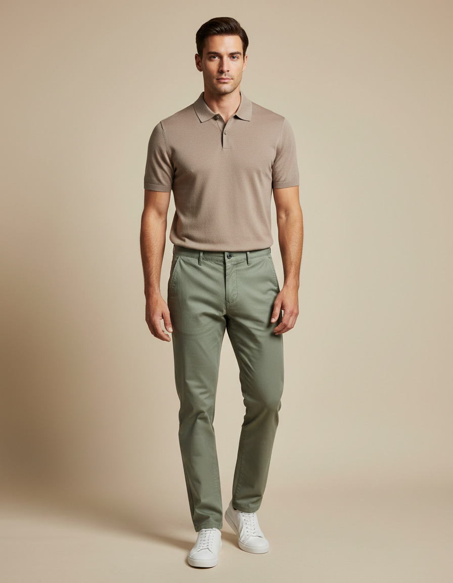 Pantalon Chino Vert Olive Coton Droit Décontracté - Kaki