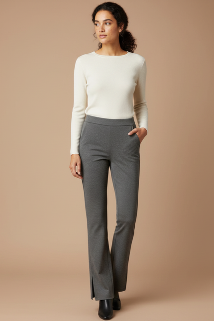 Pantalon Chino Gris Foncé Micro-Évasé Élégant Femme - Maille