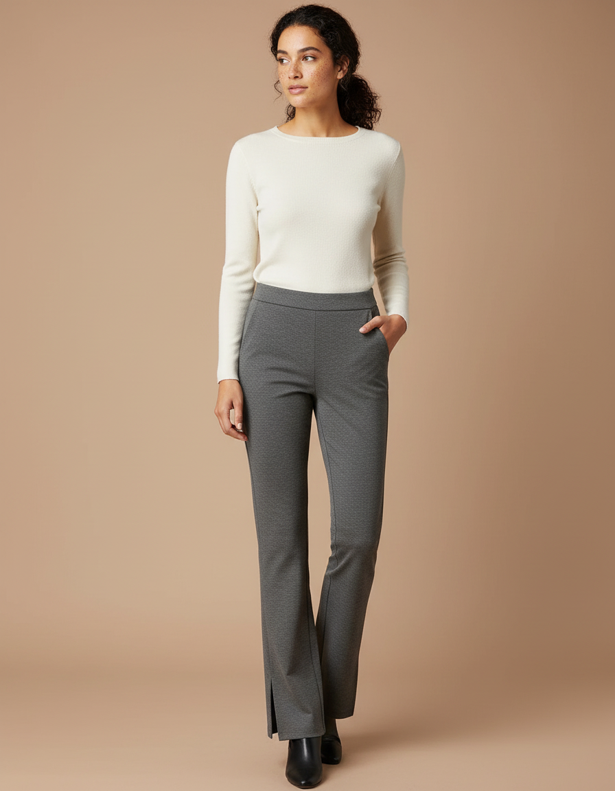 Pantalon Chino Gris Foncé Micro-Évasé Élégant Femme - Maille