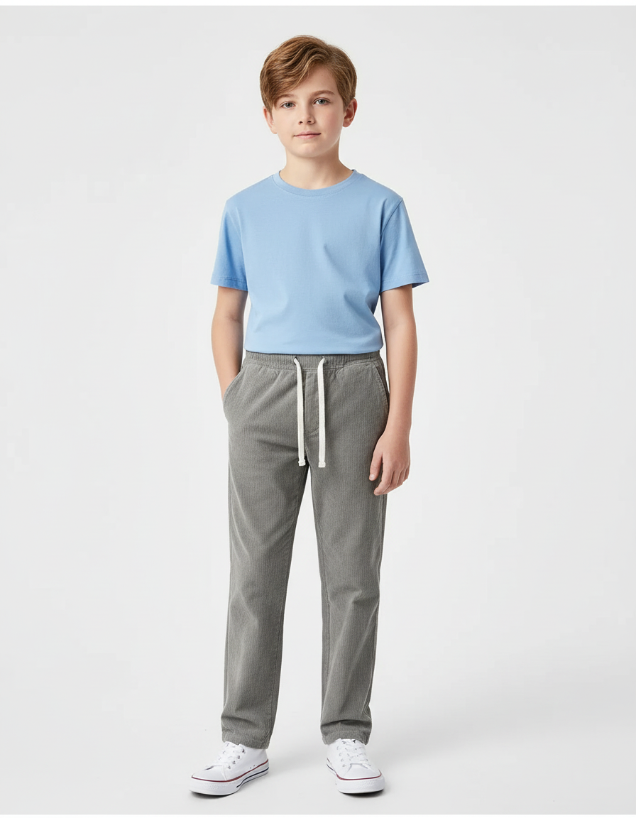 Pantalon Chino Garçon Gris Droit Velours Côtelé - Cordé