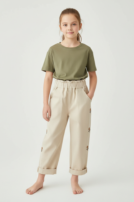 Pantalon Chino Beige Ample Brodé Coton Enfant