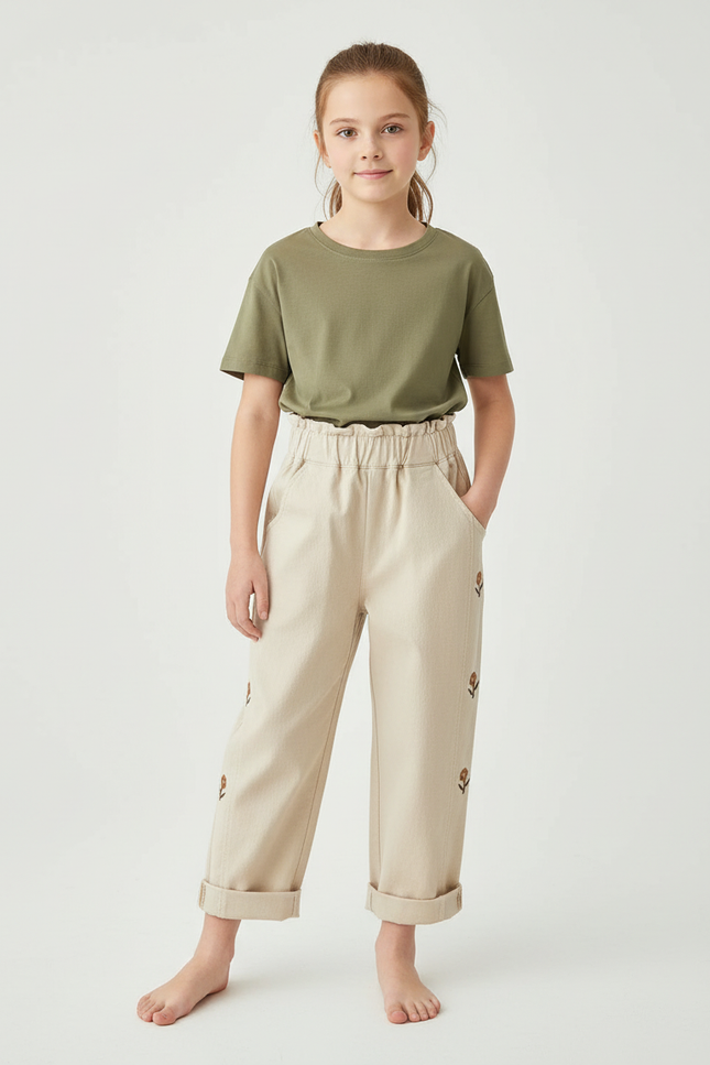Pantalon Chino Beige Ample Brodé Coton Enfant