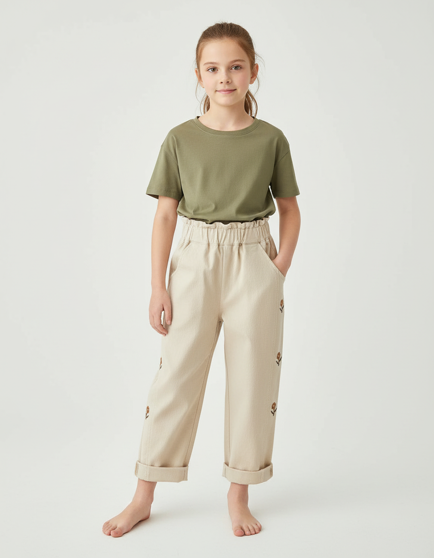Pantalon Chino Beige Ample Brodé Coton Enfant