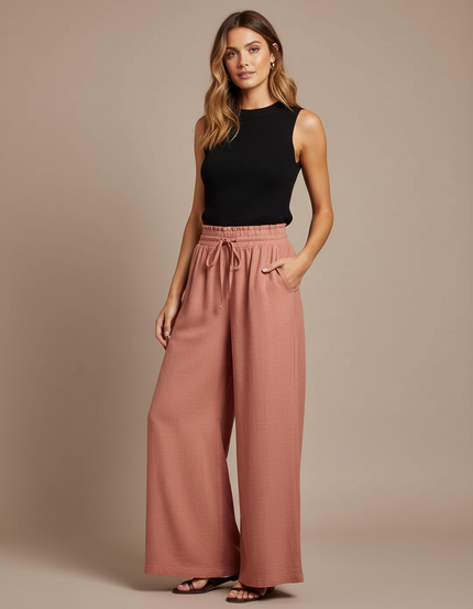 Pantalon Chino Rose Ample Fluide Taille Haute - Lin