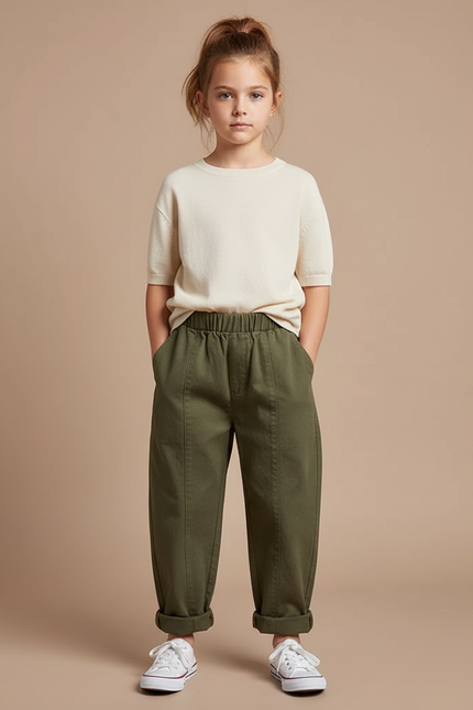 Pantalon Chino Vert Olive Ample Coton Élastique Enfant - Kaki