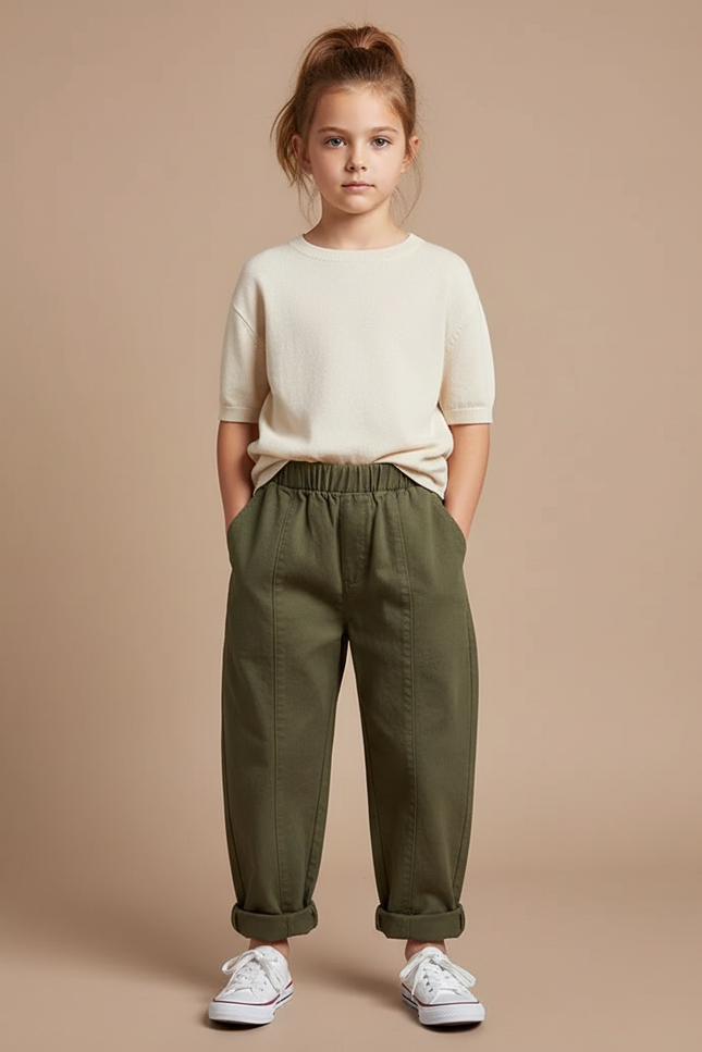 Pantalon Chino Vert Olive Ample Coton Élastique Enfant - Kaki