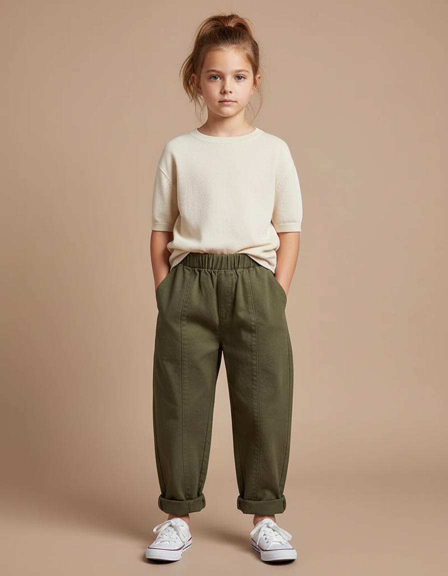 Pantalon Chino Vert Olive Ample Coton Élastique Enfant - Kaki