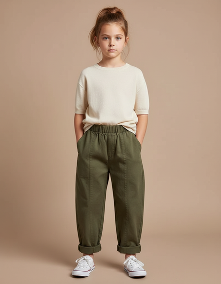 Pantalon Chino Vert Olive Ample Coton Élastique Enfant - Kaki