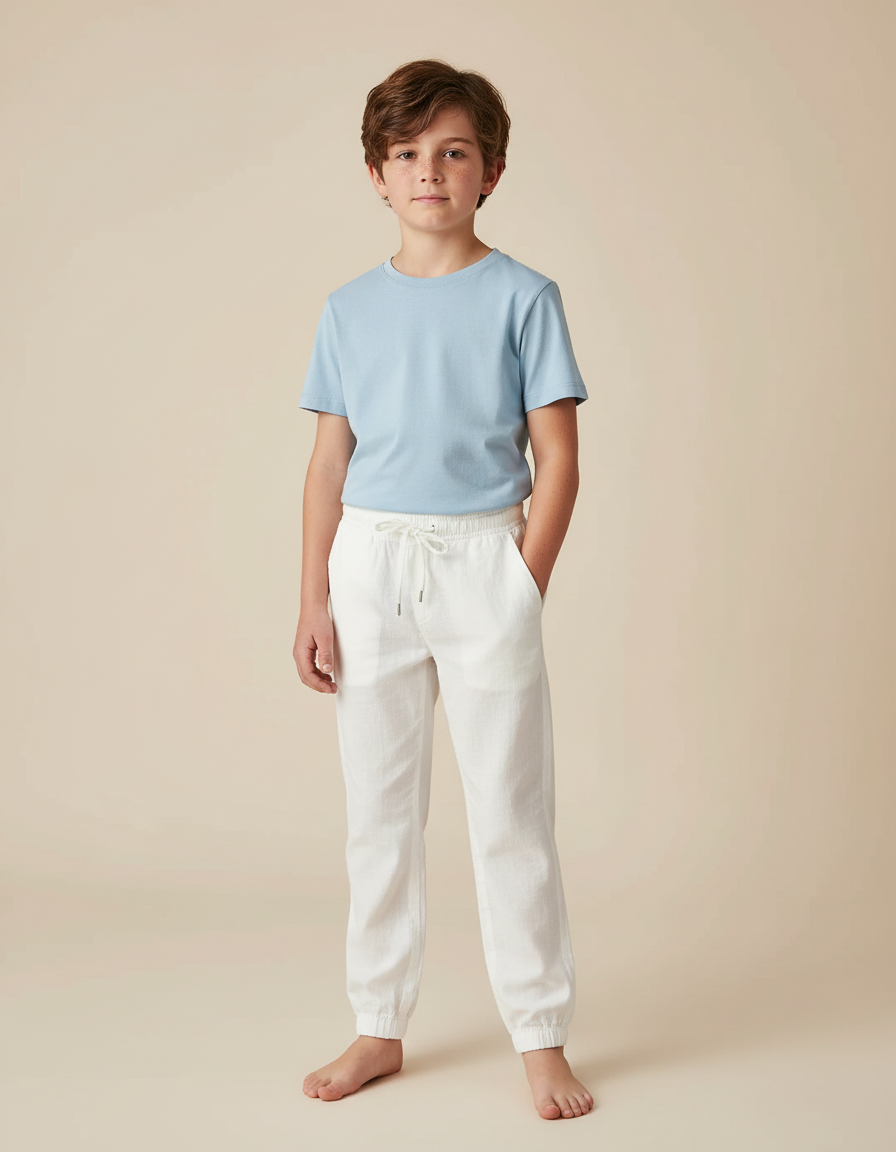 Pantalon Chino Blanc Lin Ample Décontracté Enfant