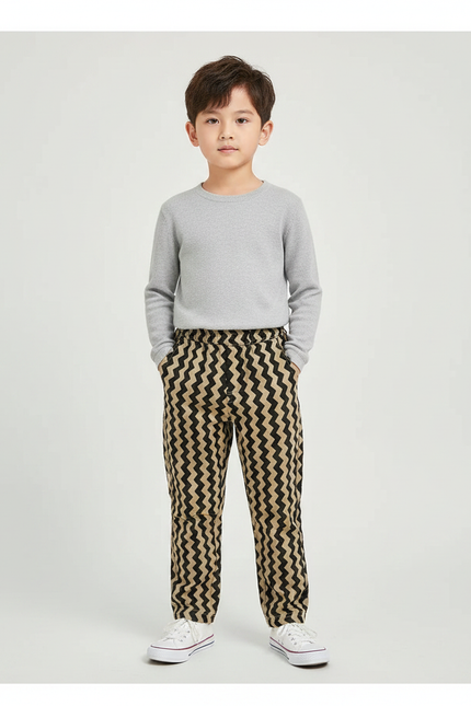 Pantalon Chino Zigzag Noir Beige Décontracté Garçon - Coton