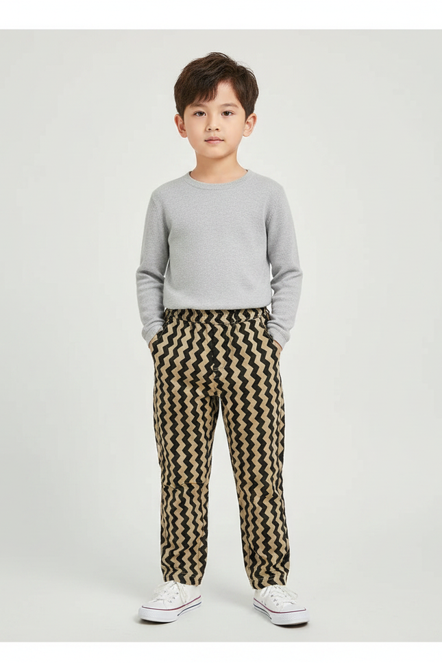 Pantalon Chino Zigzag Noir Beige Décontracté Garçon - Coton
