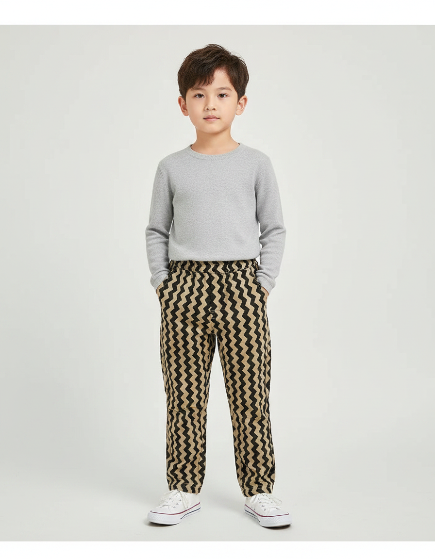 Pantalon Chino Zigzag Noir Beige Décontracté Garçon - Coton