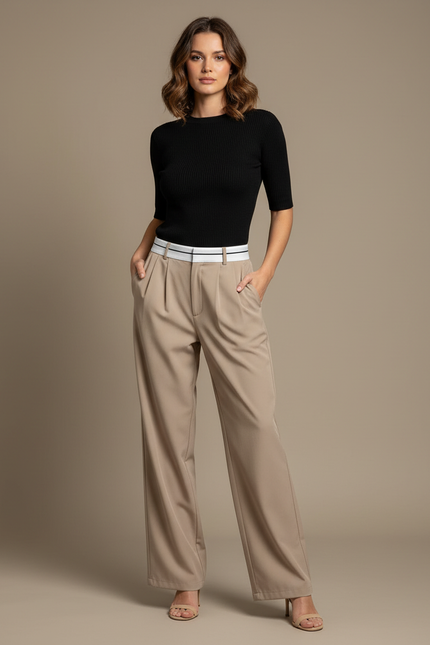 Pantalon Chino Beige Ample Fluide Élégant Femme - Polyester