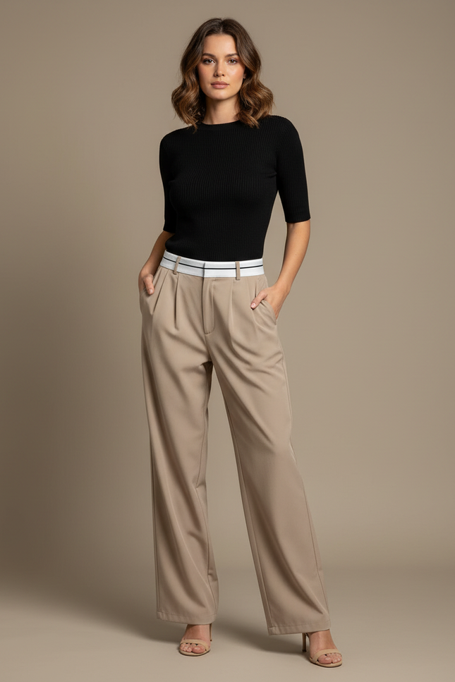 Pantalon Chino Beige Ample Fluide Élégant Femme - Polyester