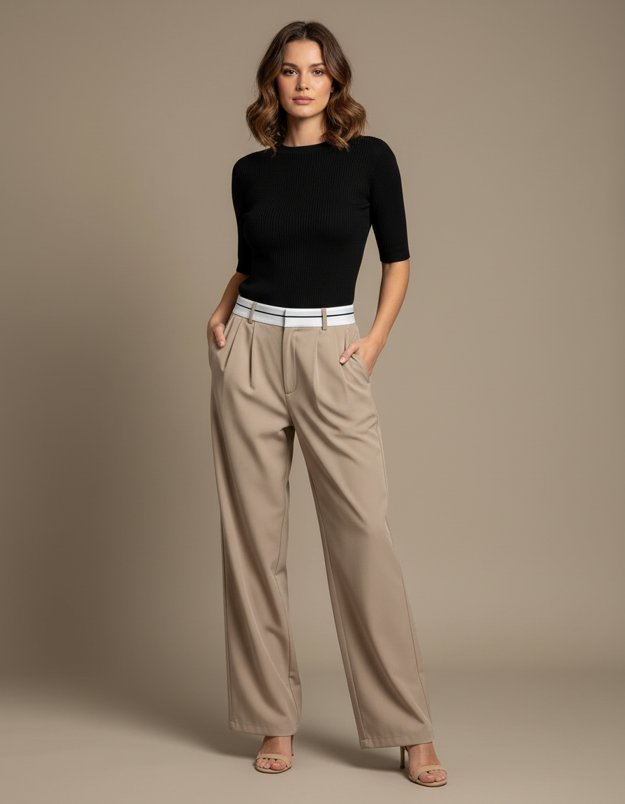 Pantalon Chino Beige Ample Fluide Élégant Femme - Polyester