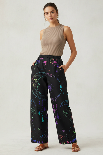 Pantalon Chino Noir Imprimé Lune Étoiles Ample Fluide - Polyester