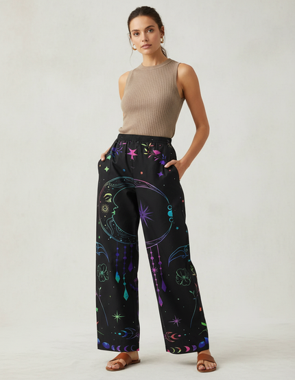 Pantalon Chino Noir Imprimé Lune Étoiles Ample Fluide - Polyester