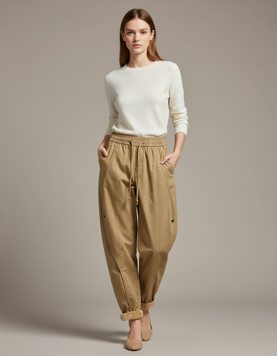 Pantalon Chino Kaki Confortable Ample Décontracté Cordon - Gabardine