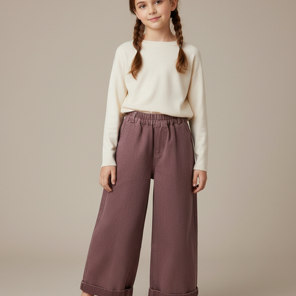 Pantalon Chino Ample Fille Coton Rouge Décontracté - Bordeaux