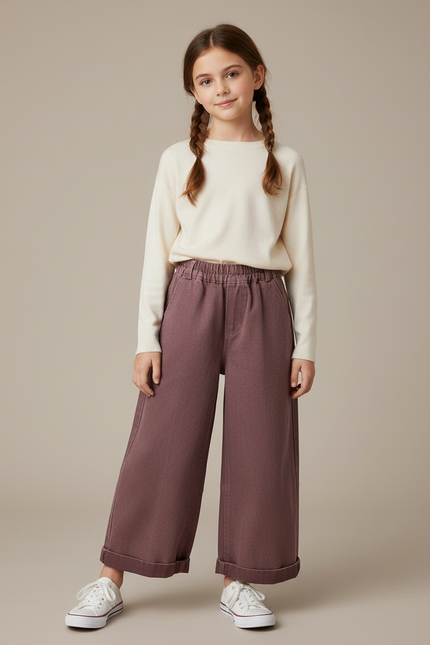 Pantalon Chino Ample Fille Coton Rouge Décontracté - Bordeaux