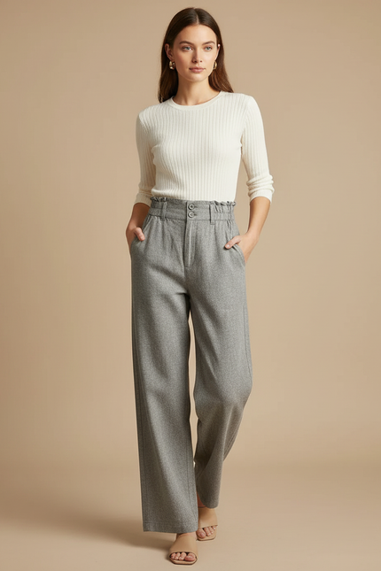 Pantalon Chino Gris Fluide Taille Haute Femme - Tweed