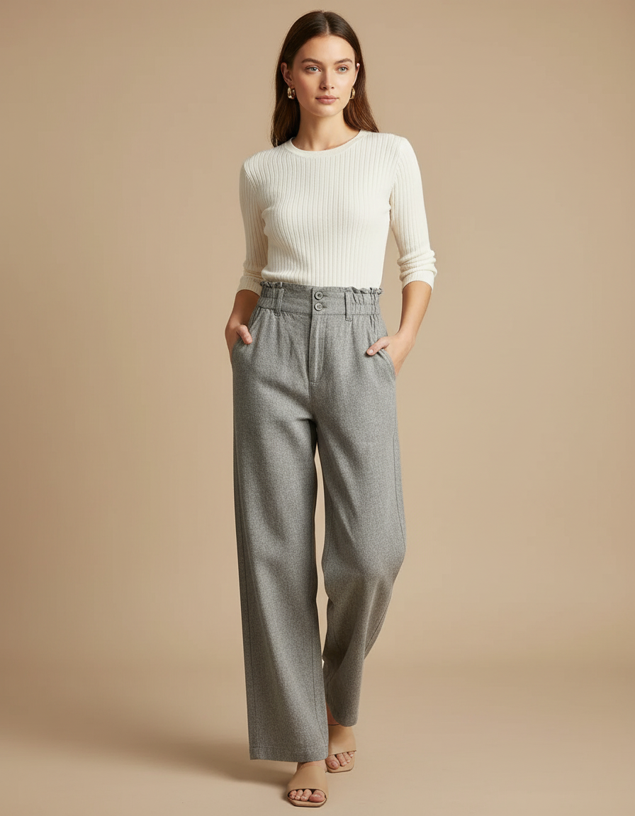 Pantalon Chino Gris Fluide Taille Haute Femme - Tweed