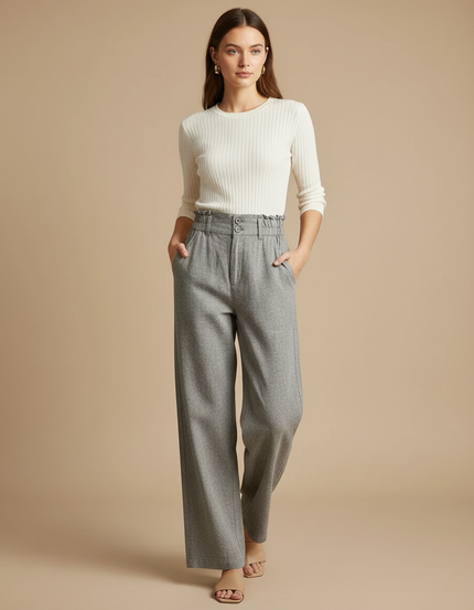 Pantalon Chino Gris Fluide Taille Haute Femme - Tweed