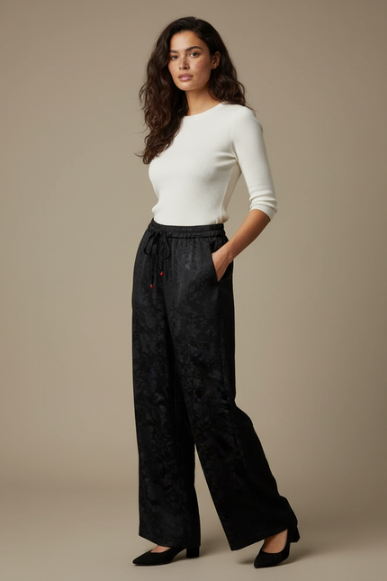 Pantalon Chino Large Noir Jacquard Satin Élégant Fluide