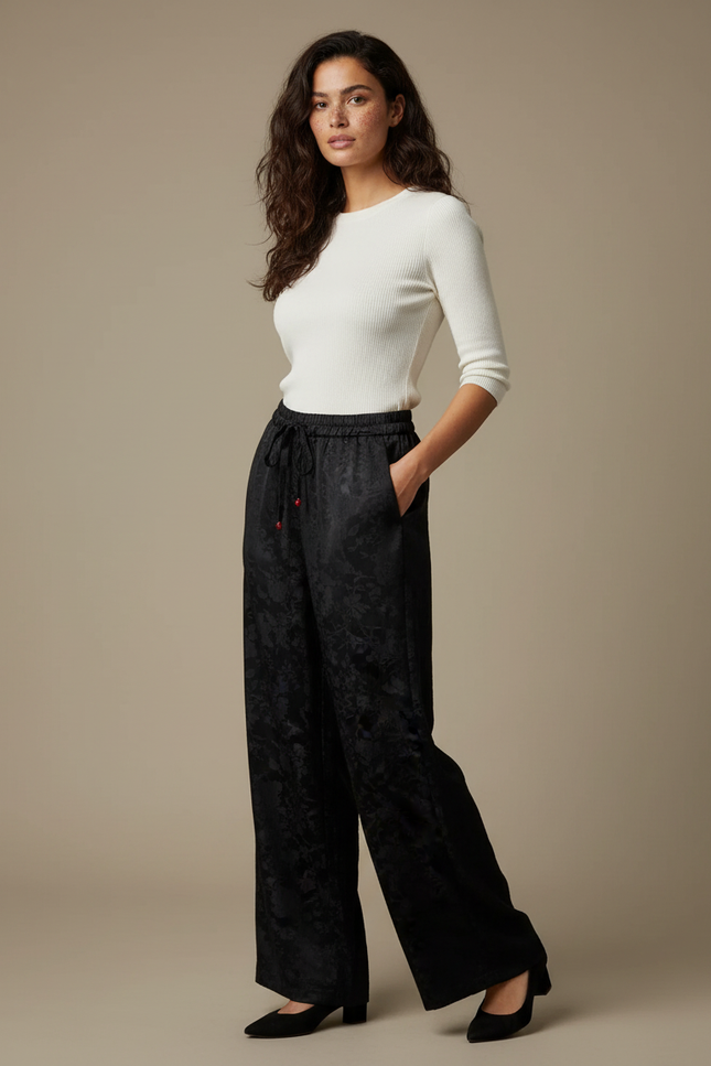 Pantalon Chino Large Noir Jacquard Satin Élégant Fluide