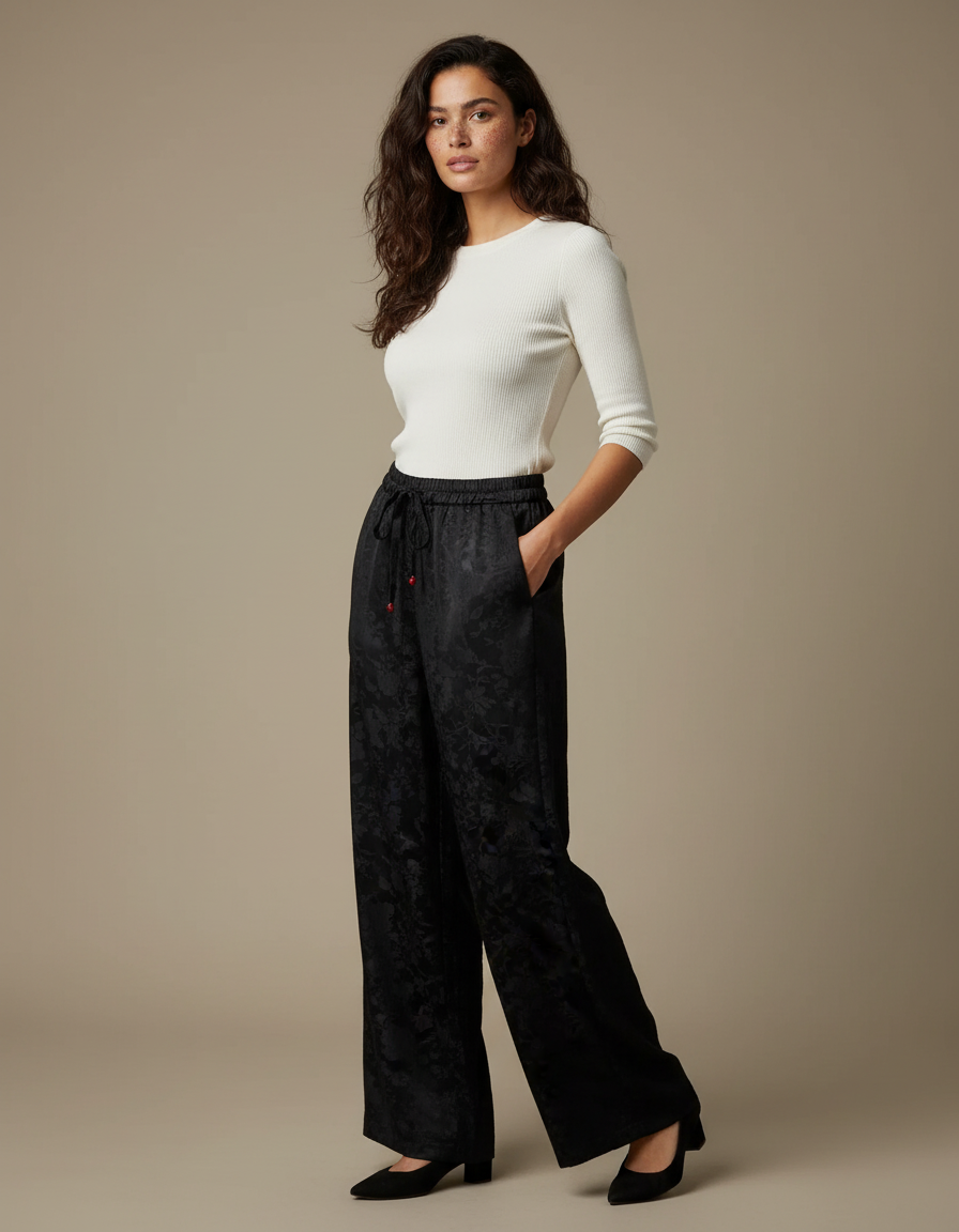 Pantalon Chino Large Noir Jacquard Satin Élégant Fluide