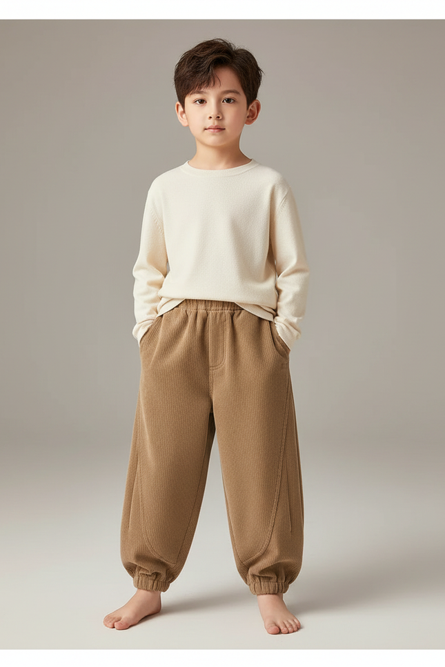 Pantalon Chino Côtelé Marron Ample Garçon Décontracté - Cordé