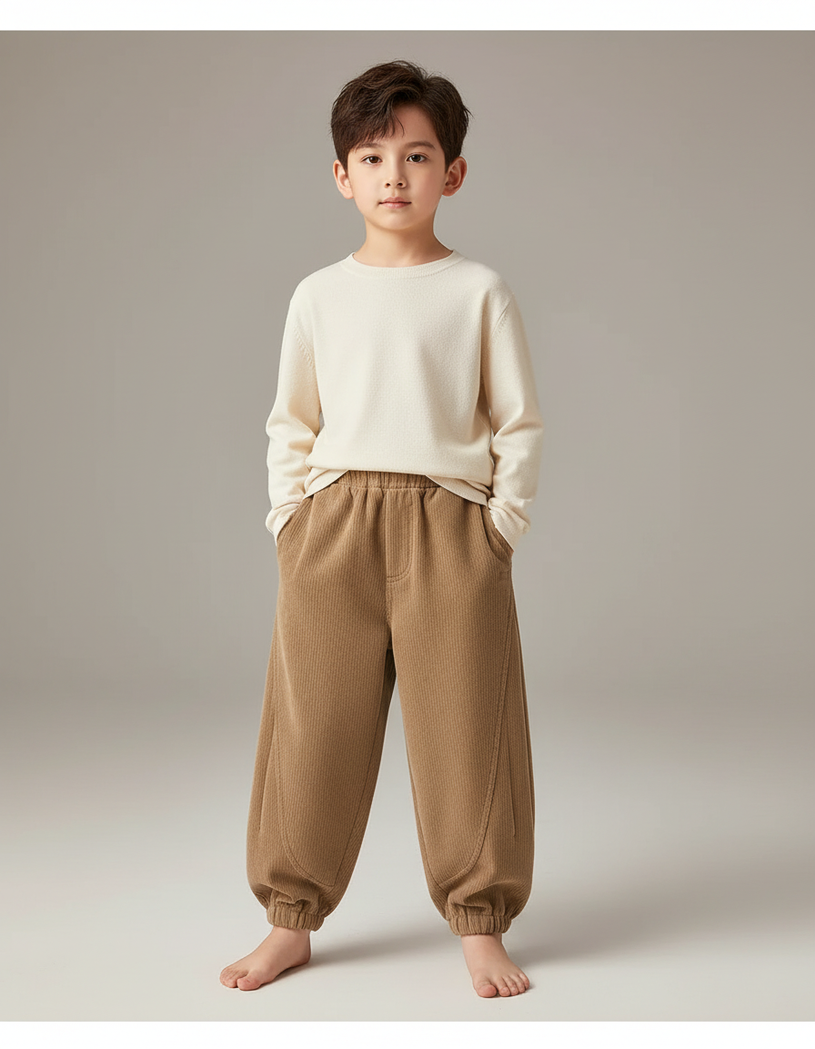 Pantalon Chino Côtelé Marron Ample Garçon Décontracté - Cordé