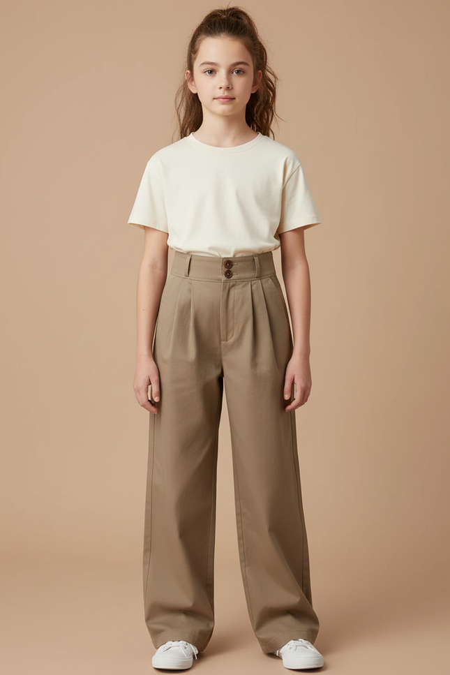 Pantalon Chino Marron Ample Plissé Enfant Décontracté - Kaki Gabardine