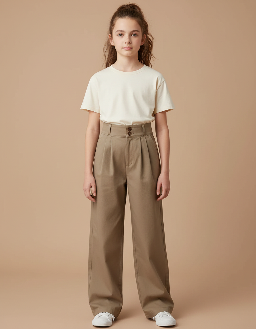 Pantalon Chino Marron Ample Plissé Enfant Décontracté - Kaki Gabardine