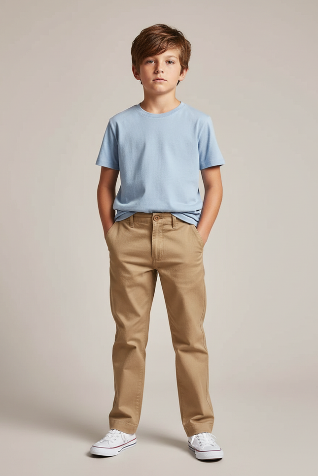Pantalon Chino Kaki Coton Décontracté Enfant Coupe Droite - Gabardine