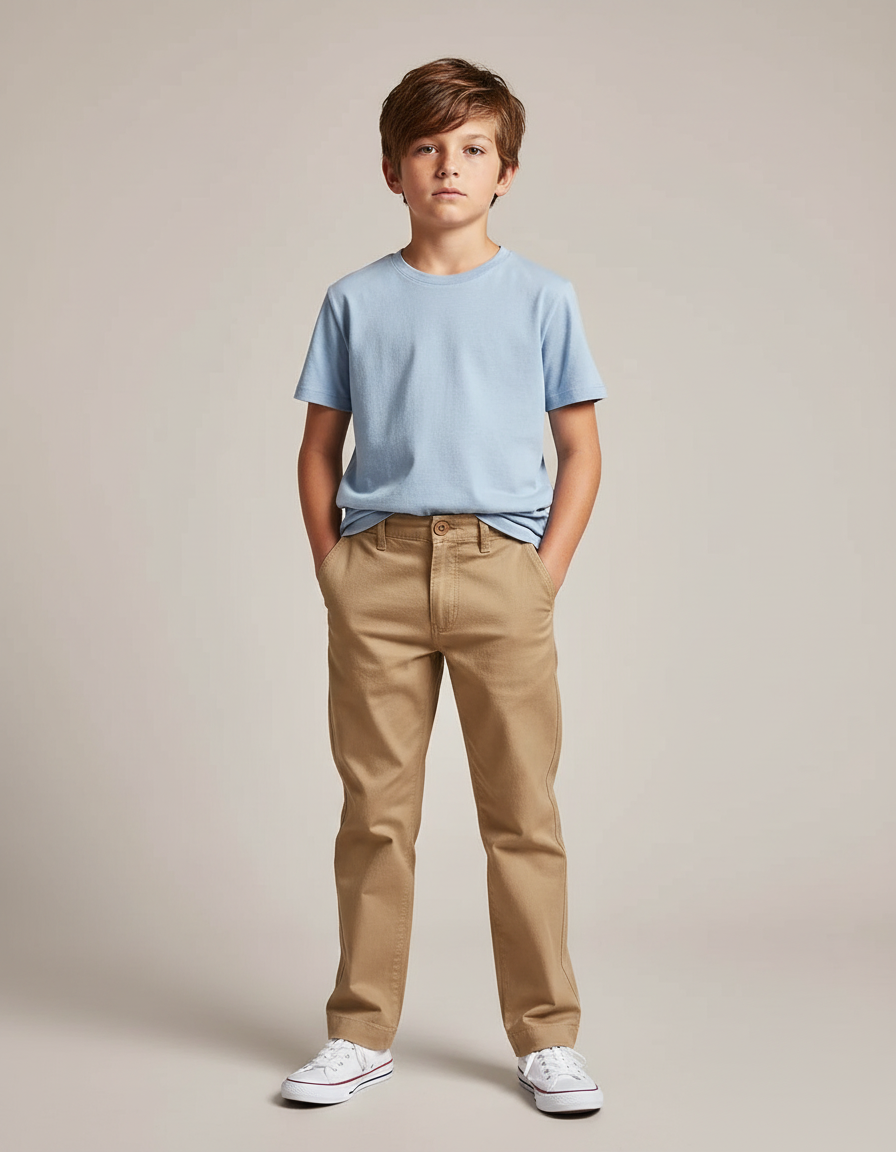Pantalon Chino Kaki Coton Décontracté Enfant Coupe Droite - Gabardine