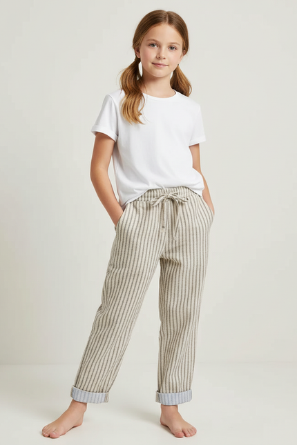 Pantalon Chino Rayé Lin Ample Enfant Décontracté - Imprimé