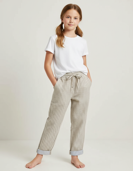 Pantalon Chino Rayé Lin Ample Enfant Décontracté - Imprimé