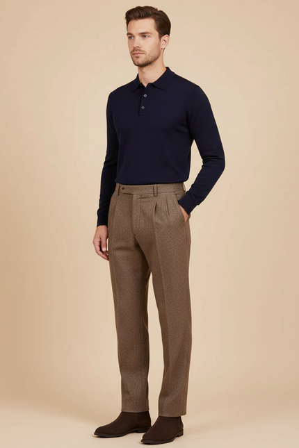 Pantalon Chino Marron Plissé Tweed Droit Élégant