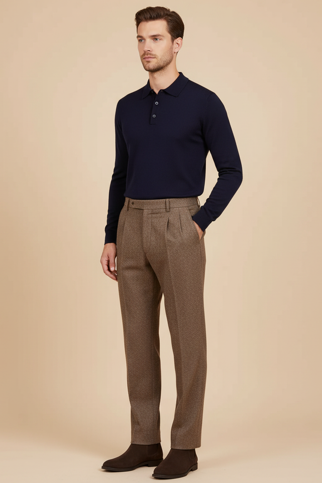 Pantalon Chino Marron Plissé Tweed Droit Élégant