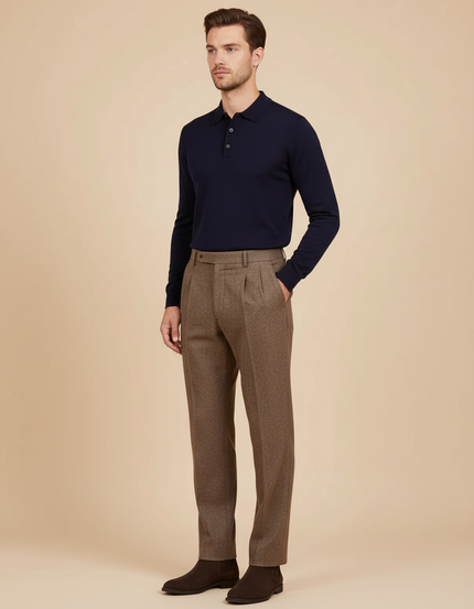 Pantalon Chino Marron Plissé Tweed Droit Élégant