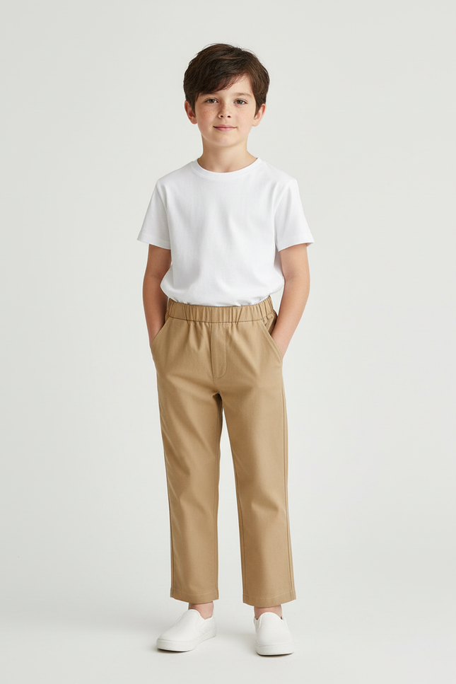 Pantalon Chino Beige Coton Élastiqué Droit Décontracté Enfant