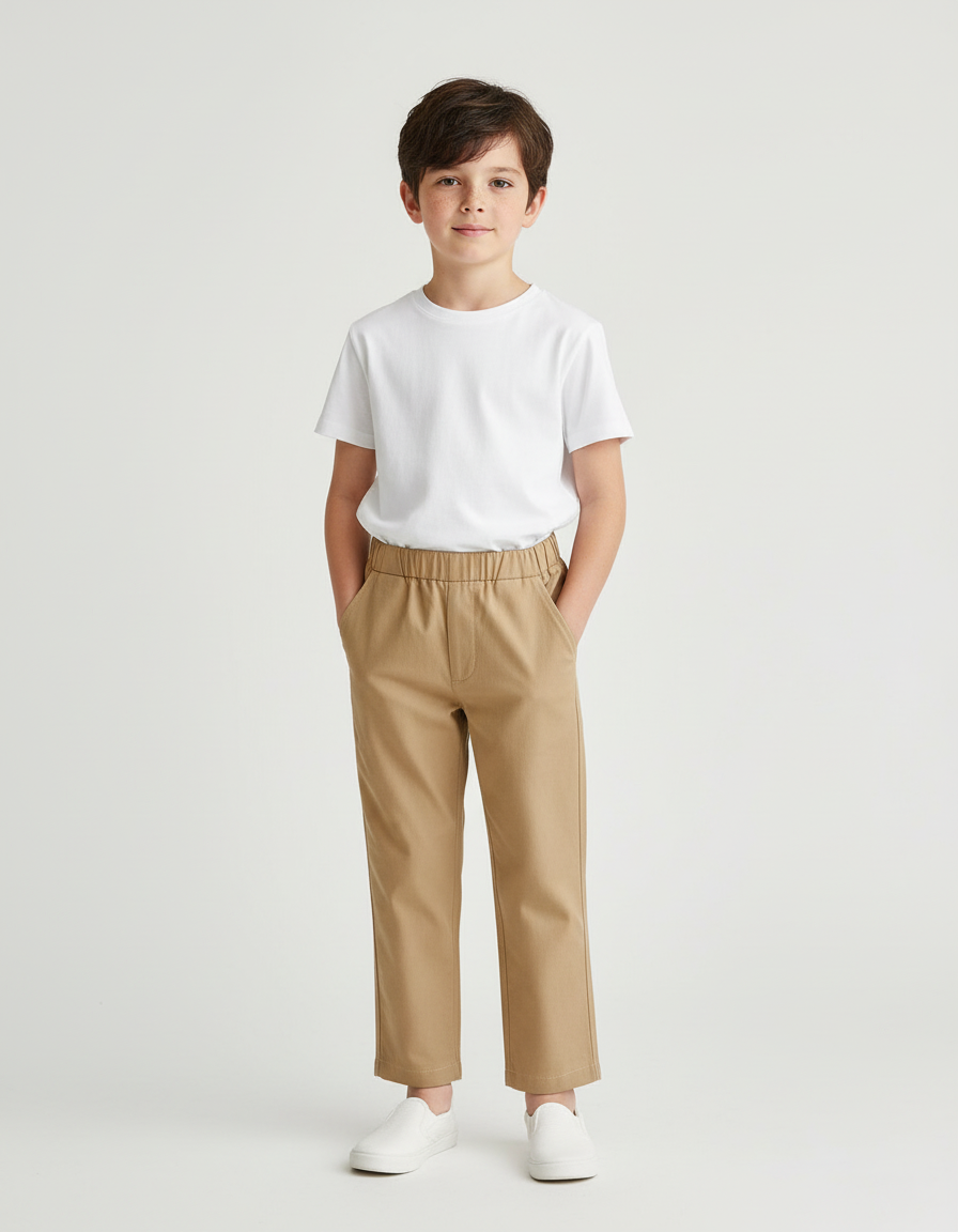 Pantalon Chino Beige Coton Élastiqué Droit Décontracté Enfant