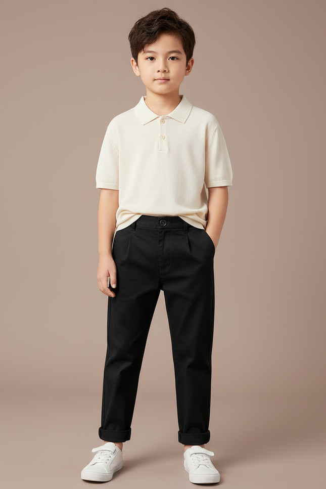 Pantalon Chino Noir Coton Plissé Garçon