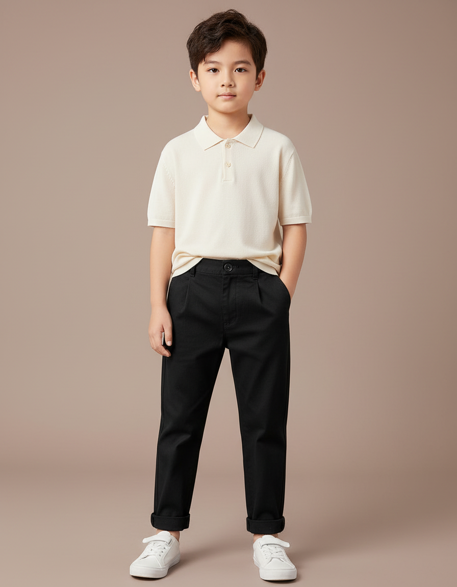 Pantalon Chino Noir Coton Plissé Garçon