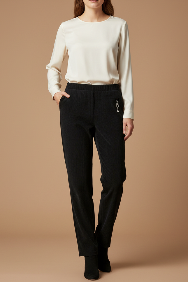 Pantalon Chino Noir Côtelé Droit Décontracté Femme - Cordé
