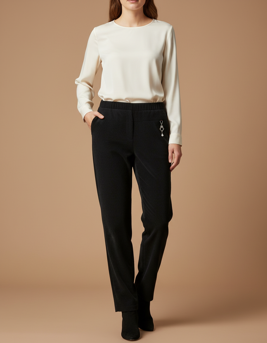 Pantalon Chino Noir Côtelé Droit Décontracté Femme - Cordé