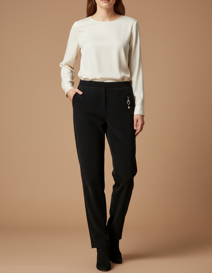 Pantalon Chino Noir Côtelé Droit Décontracté Femme - Cordé