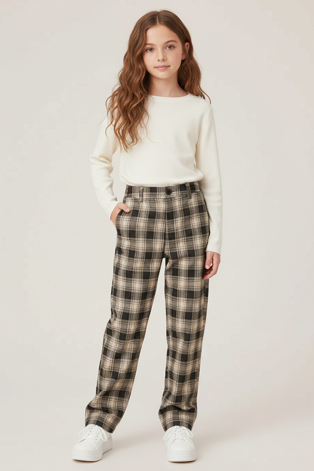 Pantalon Chino Carreaux Beige Ample Décontracté Fille - Laine
