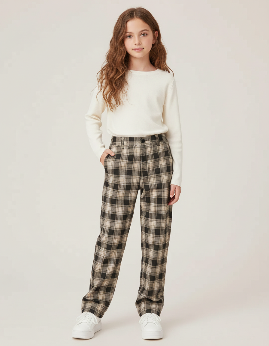 Pantalon Chino Carreaux Beige Ample Décontracté Fille - Laine